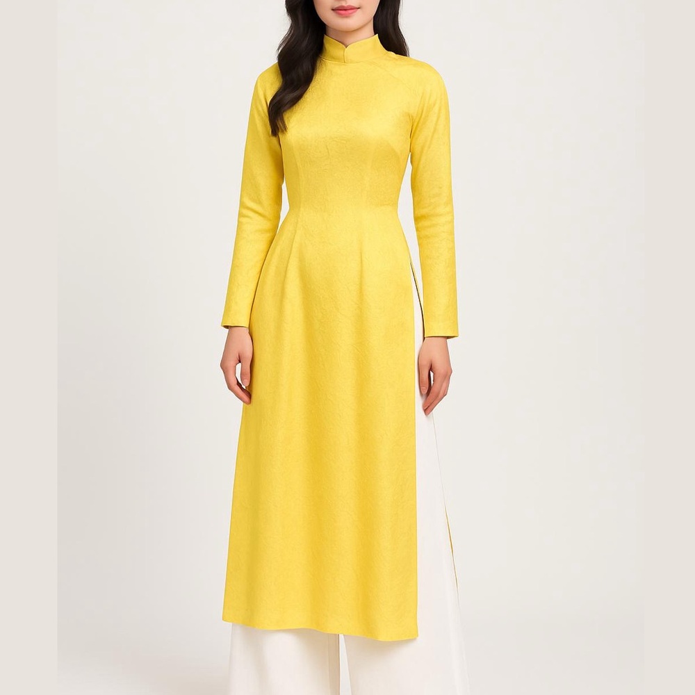 Ao Dai Yellow with White Pants Set of 2 Top And Bottom